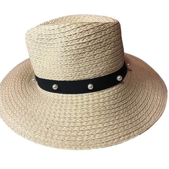Betsey Johnson Accessories - Betsey Johnson Straw Beach Hat with Faux Pearl studded Black Band